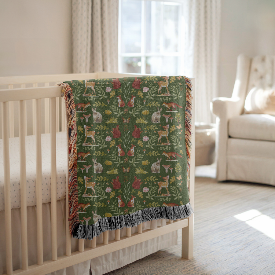 Olive Green Forest Animals Woven Blanket, Woodland Throw Blanket, Cottagecore Home Decor, Nature Inspired Cotton Blanket, Cozy Forest Gift