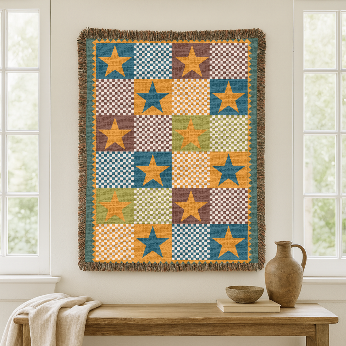 Colorful Star Geometric Woven Blanket, Boho Star Throw Blanket, Celestial Home Decor, Vibrant Cotton Blanket, Cozy Artistic Gift