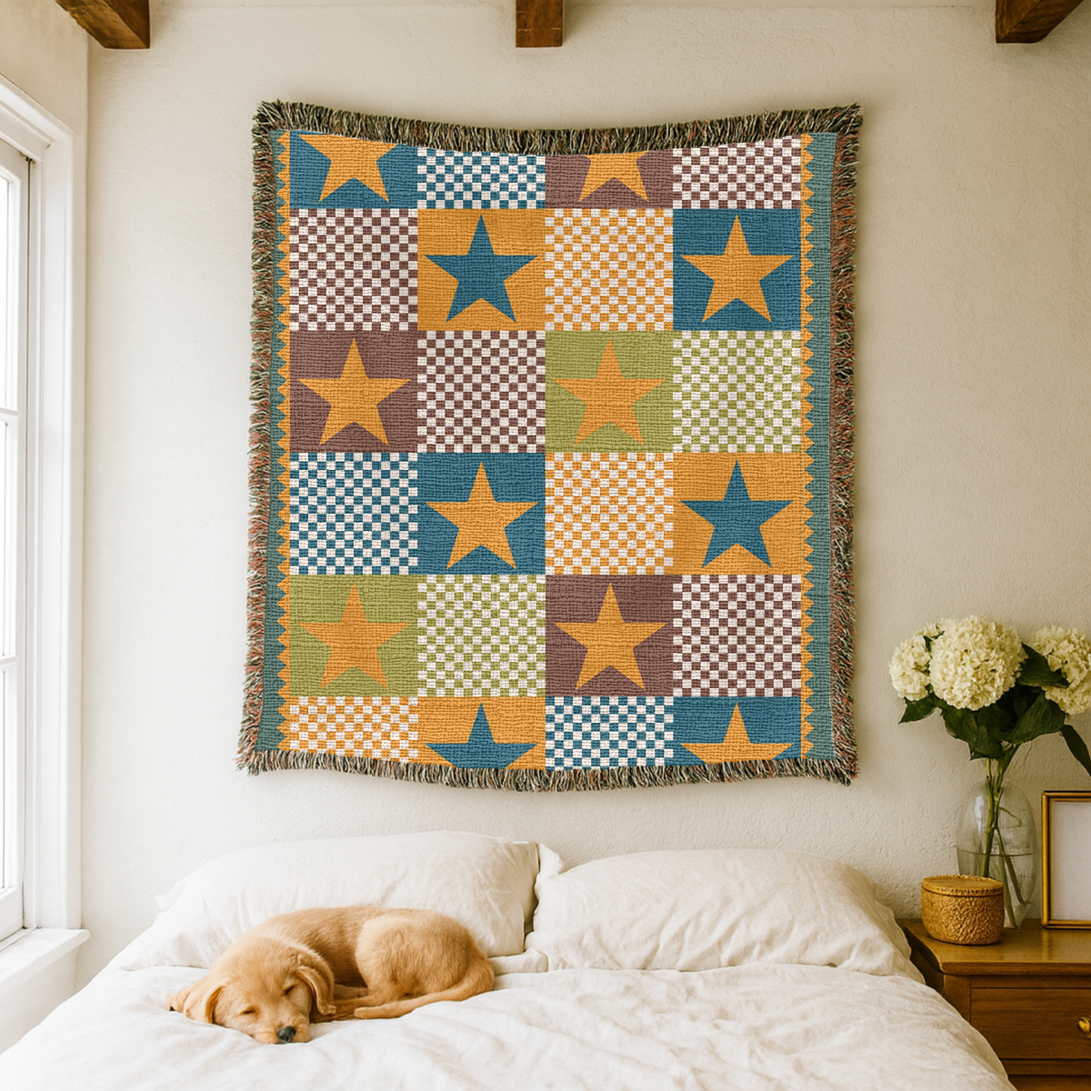 Colorful Star Geometric Woven Blanket, Boho Star Throw Blanket, Celestial Home Decor, Vibrant Cotton Blanket, Cozy Artistic Gift
