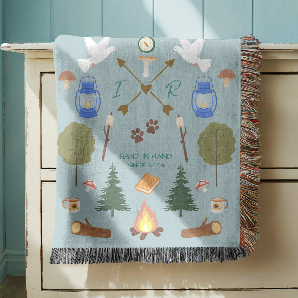 Personalized Camping Couple Woven Blanket, Hand in Hand Campfire Blanket, Custom Initials Anniversary Gift, Since Year Couple Throw