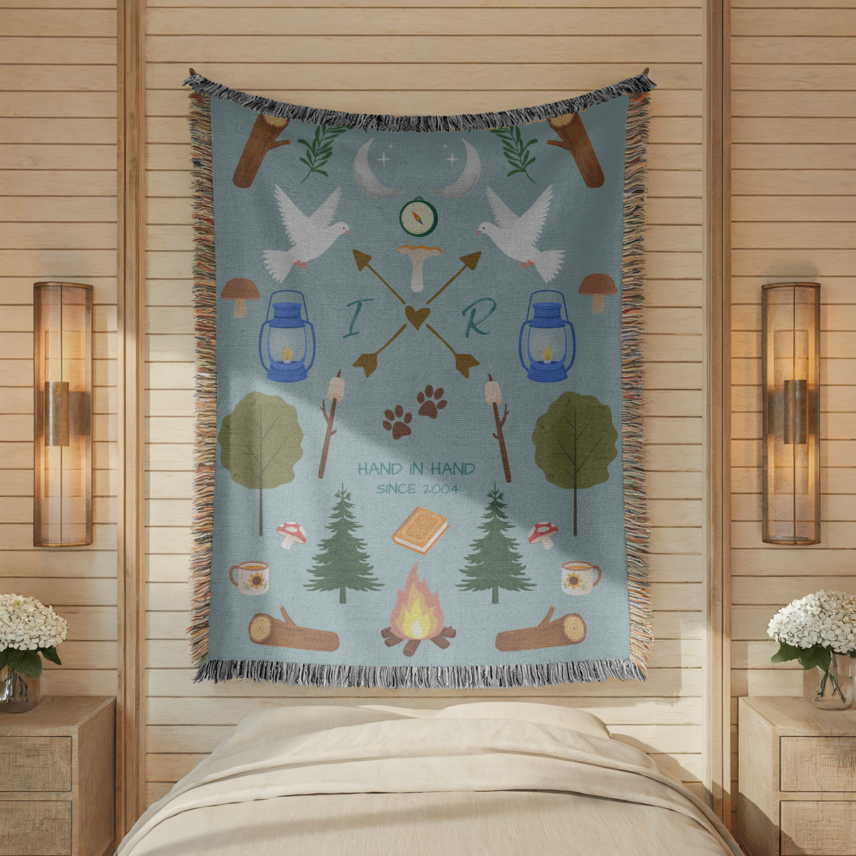 Personalized Camping Couple Woven Blanket, Hand in Hand Campfire Blanket, Custom Initials Anniversary Gift, Since Year Couple Throw