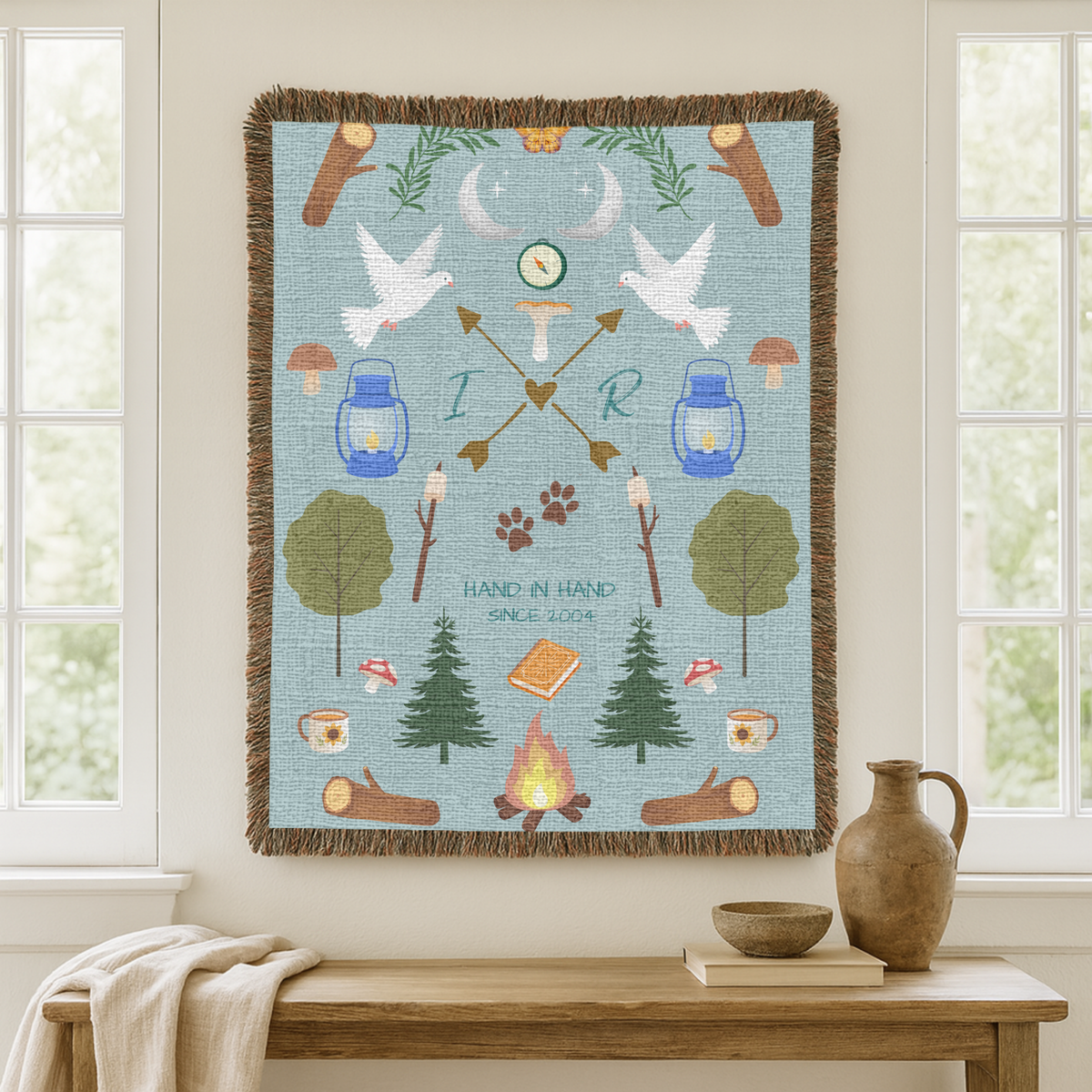 Personalized Camping Couple Woven Blanket, Hand in Hand Campfire Blanket, Custom Initials Anniversary Gift, Since Year Couple Throw