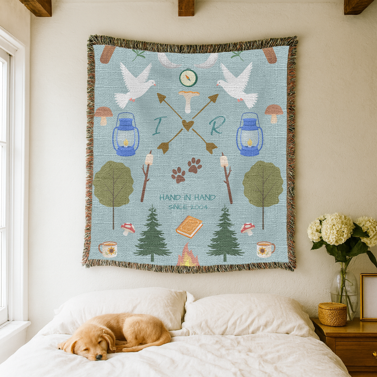 Personalized Camping Couple Woven Blanket, Hand in Hand Campfire Blanket, Custom Initials Anniversary Gift, Since Year Couple Throw