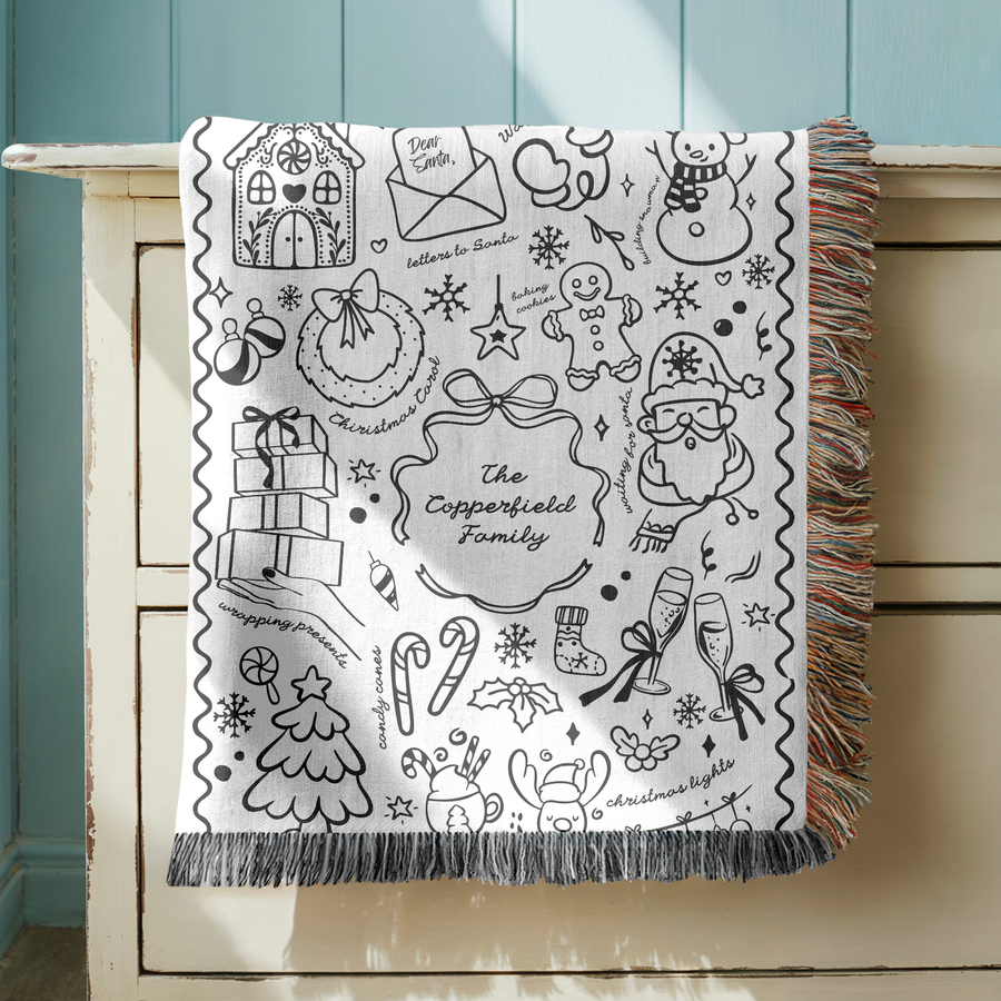 Personalized Black and White Holiday Woven Blanket, Custom Family Christmas Throw, Doodle Style Blanket, Family Gift