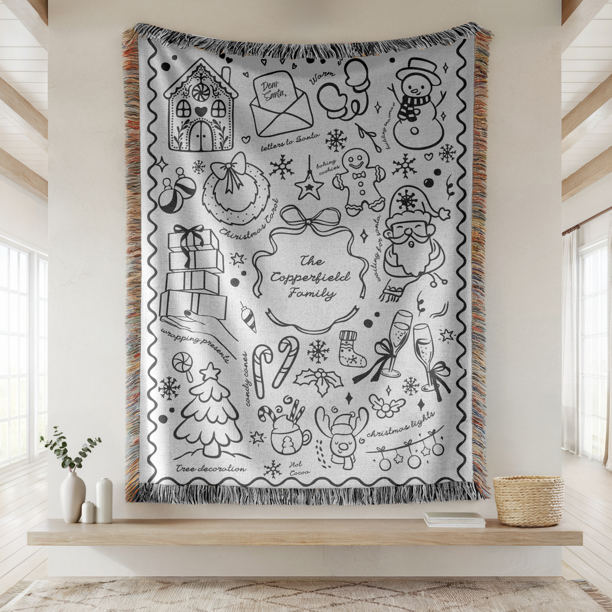 Personalized Black and White Holiday Woven Blanket, Custom Family Christmas Throw, Doodle Style Blanket, Family Gift
