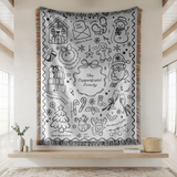 Personalized Black and White Holiday Woven Blanket, Custom Family Christmas Throw, Doodle Style Blanket, Family Gift