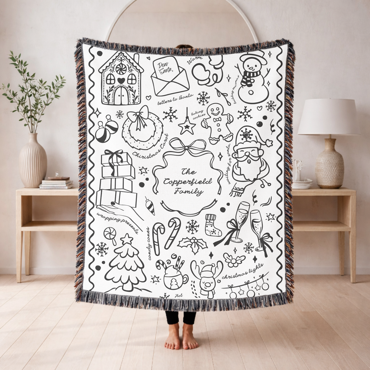 Personalized Black and White Holiday Woven Blanket, Custom Family Christmas Throw, Doodle Style Blanket, Family Gift