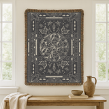 Mystic Gothic Woven Blanket, Celestial Wolf Throw Blanket, Dark Academia Home Decor, Moon Phase Blanket, Witchy Botanical Tapestry