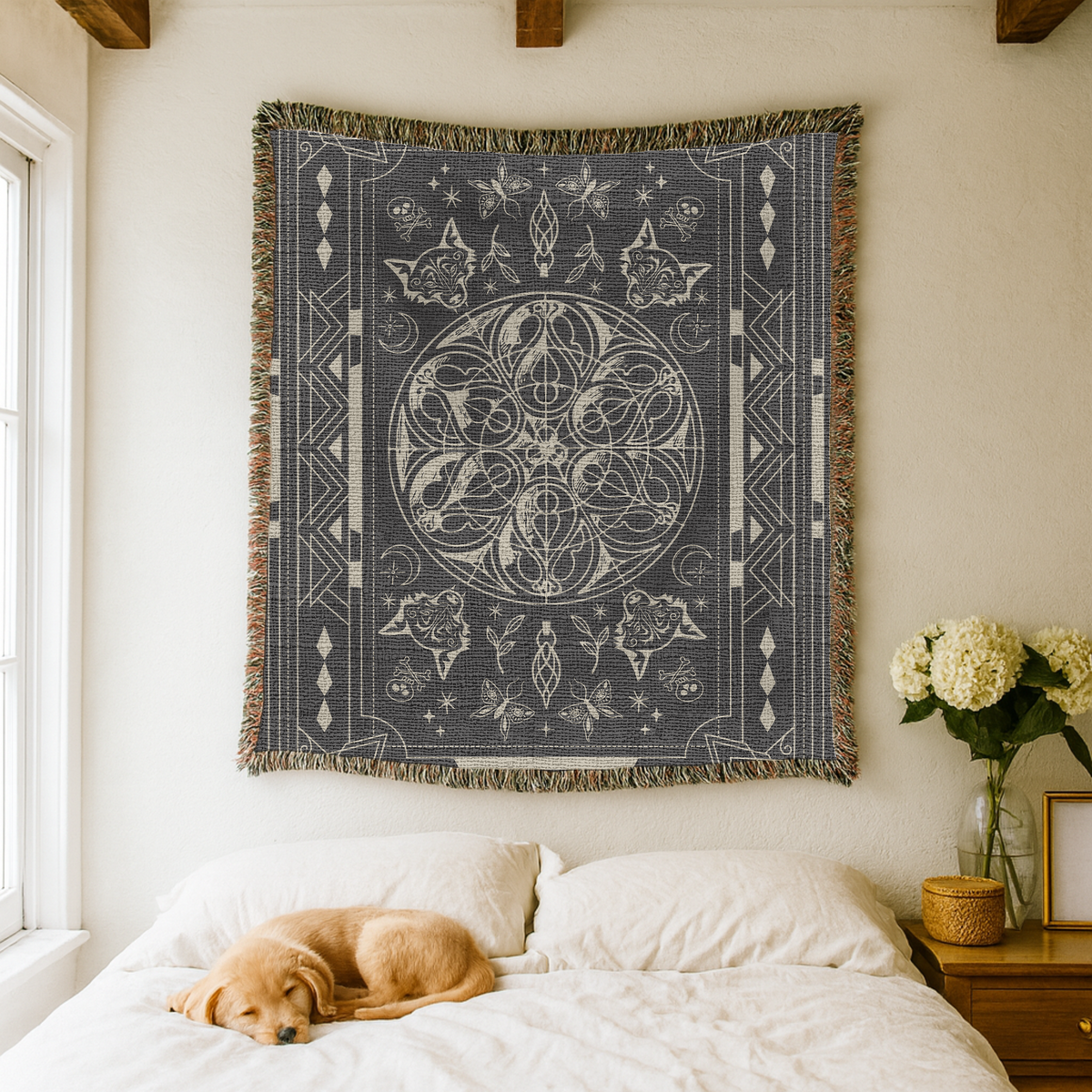 Mystic Gothic Woven Blanket, Celestial Wolf Throw Blanket, Dark Academia Home Decor, Moon Phase Blanket, Witchy Botanical Tapestry
