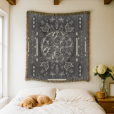 Mystic Gothic Woven Blanket, Celestial Wolf Throw Blanket, Dark Academia Home Decor, Moon Phase Blanket, Witchy Botanical Tapestry