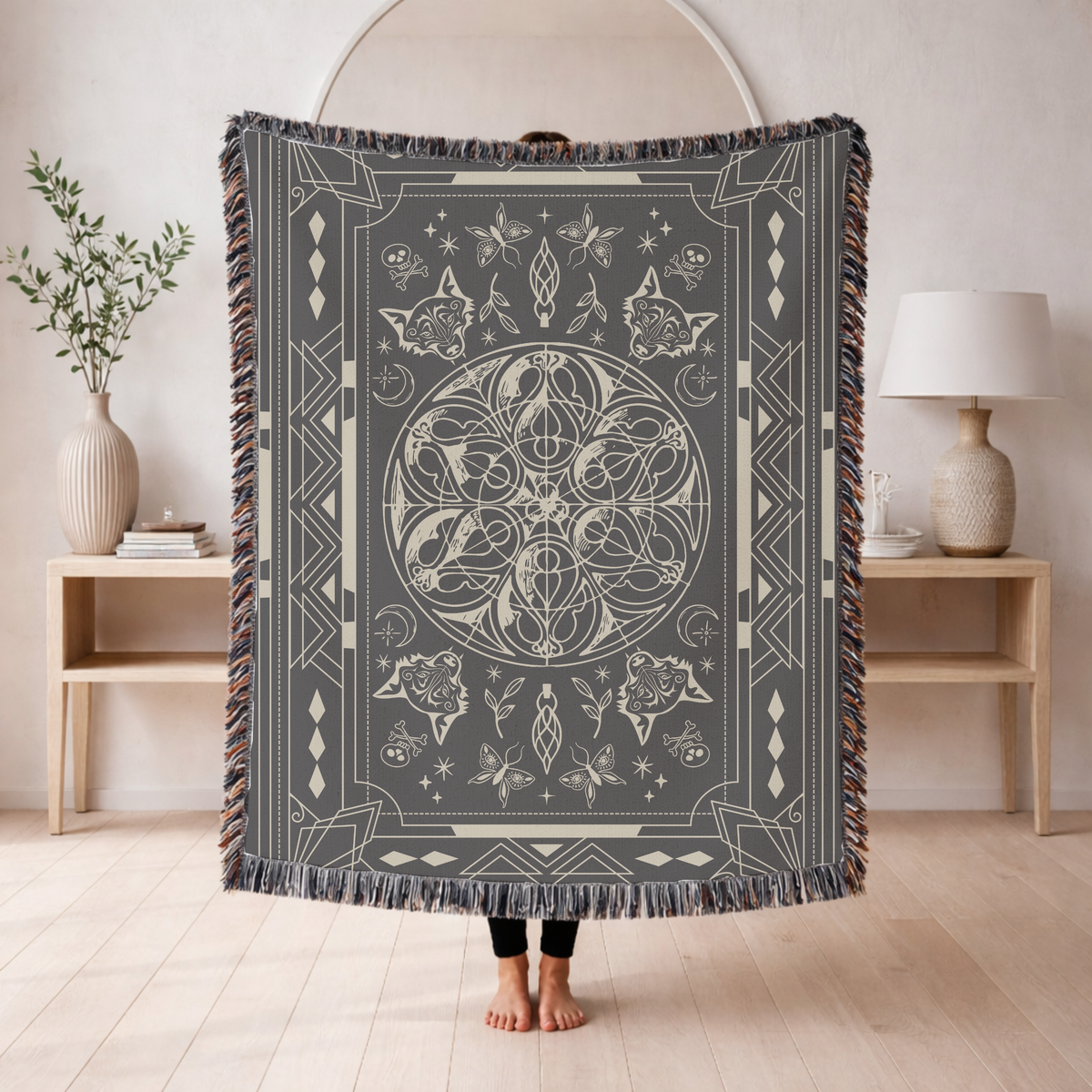 Mystic Gothic Woven Blanket, Celestial Wolf Throw Blanket, Dark Academia Home Decor, Moon Phase Blanket, Witchy Botanical Tapestry