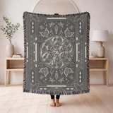 Mystic Gothic Woven Blanket, Celestial Wolf Throw Blanket, Dark Academia Home Decor, Moon Phase Blanket, Witchy Botanical Tapestry