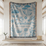 Personalized Grandma Woven Blanket, Vintage Botanical Throw Blanket with Wildflowers and Mushrooms, Custom Gift for Grandma