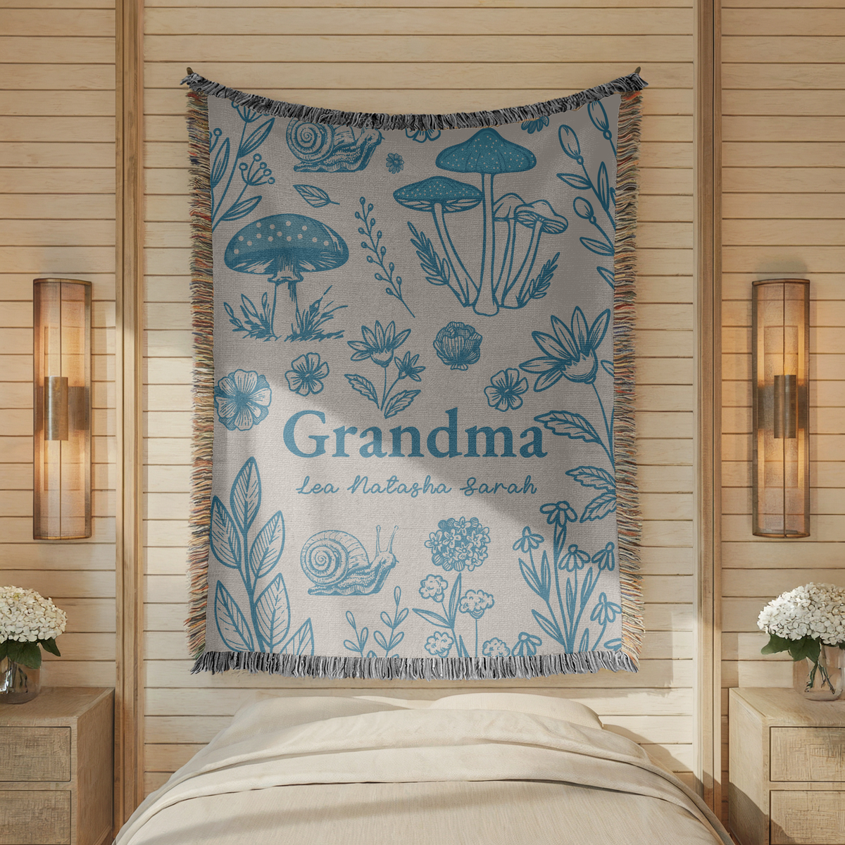 Personalized Grandma Woven Blanket, Vintage Botanical Throw Blanket with Wildflowers and Mushrooms, Custom Gift for Grandma