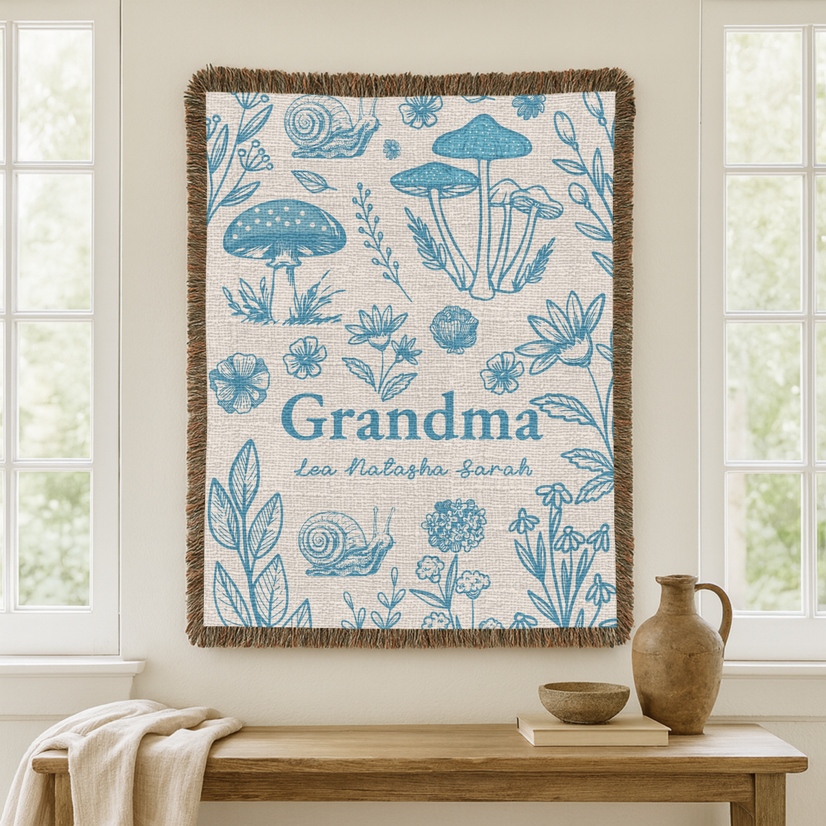 Personalized Grandma Woven Blanket, Vintage Botanical Throw Blanket with Wildflowers and Mushrooms, Custom Gift for Grandma