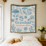 Personalized Grandma Woven Blanket, Vintage Botanical Throw Blanket with Wildflowers and Mushrooms, Custom Gift for Grandma
