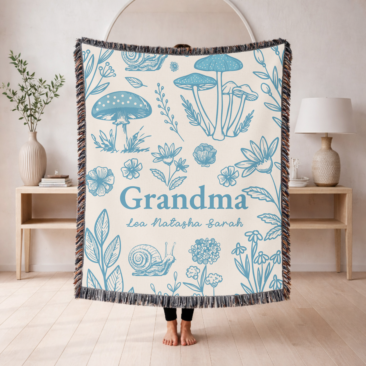 Personalized Grandma Woven Blanket, Vintage Botanical Throw Blanket with Wildflowers and Mushrooms, Custom Gift for Grandma