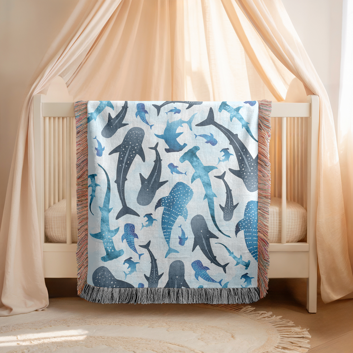 Whale Shark Woven Blanket, Ocean Animal Throw Blanket, Marine Life Home Decor, Coastal Nursery Accent, Gift for Shark Lovers and Sea Lovers