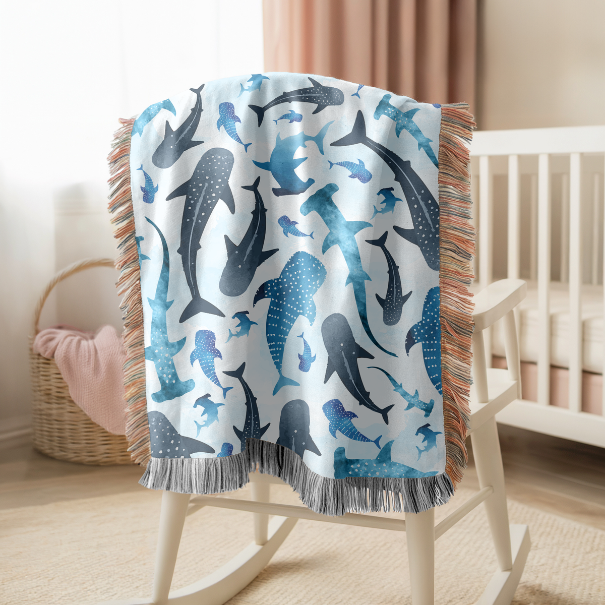 Whale Shark Woven Blanket, Ocean Animal Throw Blanket, Marine Life Home Decor, Coastal Nursery Accent, Gift for Shark Lovers and Sea Lovers