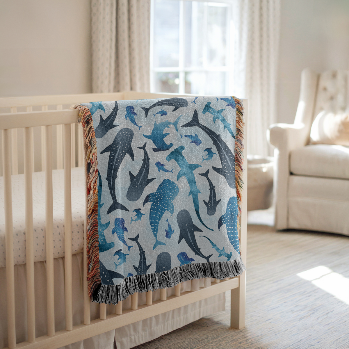 Whale Shark Woven Blanket, Ocean Animal Throw Blanket, Marine Life Home Decor, Coastal Nursery Accent, Gift for Shark Lovers and Sea Lovers