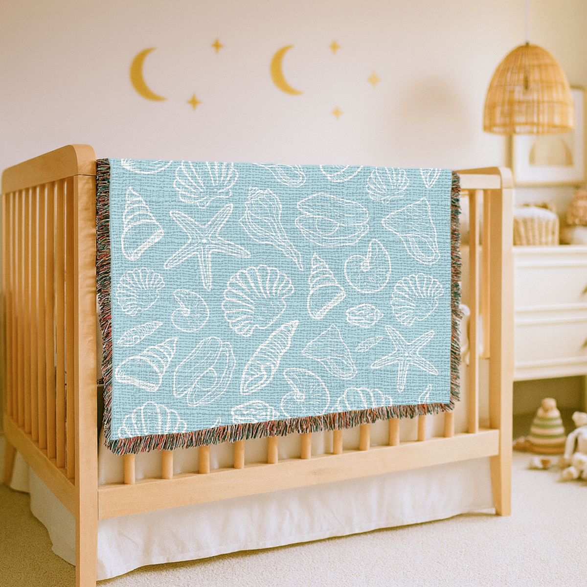 Coastal Seashell Woven Blanket, Beach House Throw Blanket, Ocean Inspired Home Decor, Nautical Bedroom Accent, Gift for Beach Lovers