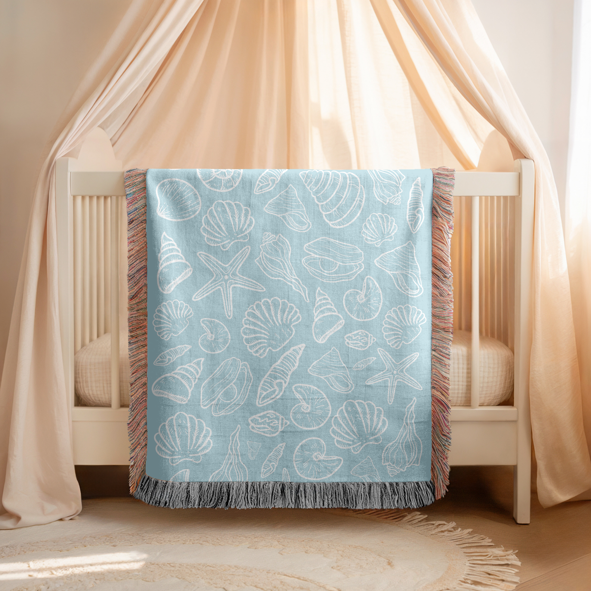 Coastal Seashell Woven Blanket, Beach House Throw Blanket, Ocean Inspired Home Decor, Nautical Bedroom Accent, Gift for Beach Lovers