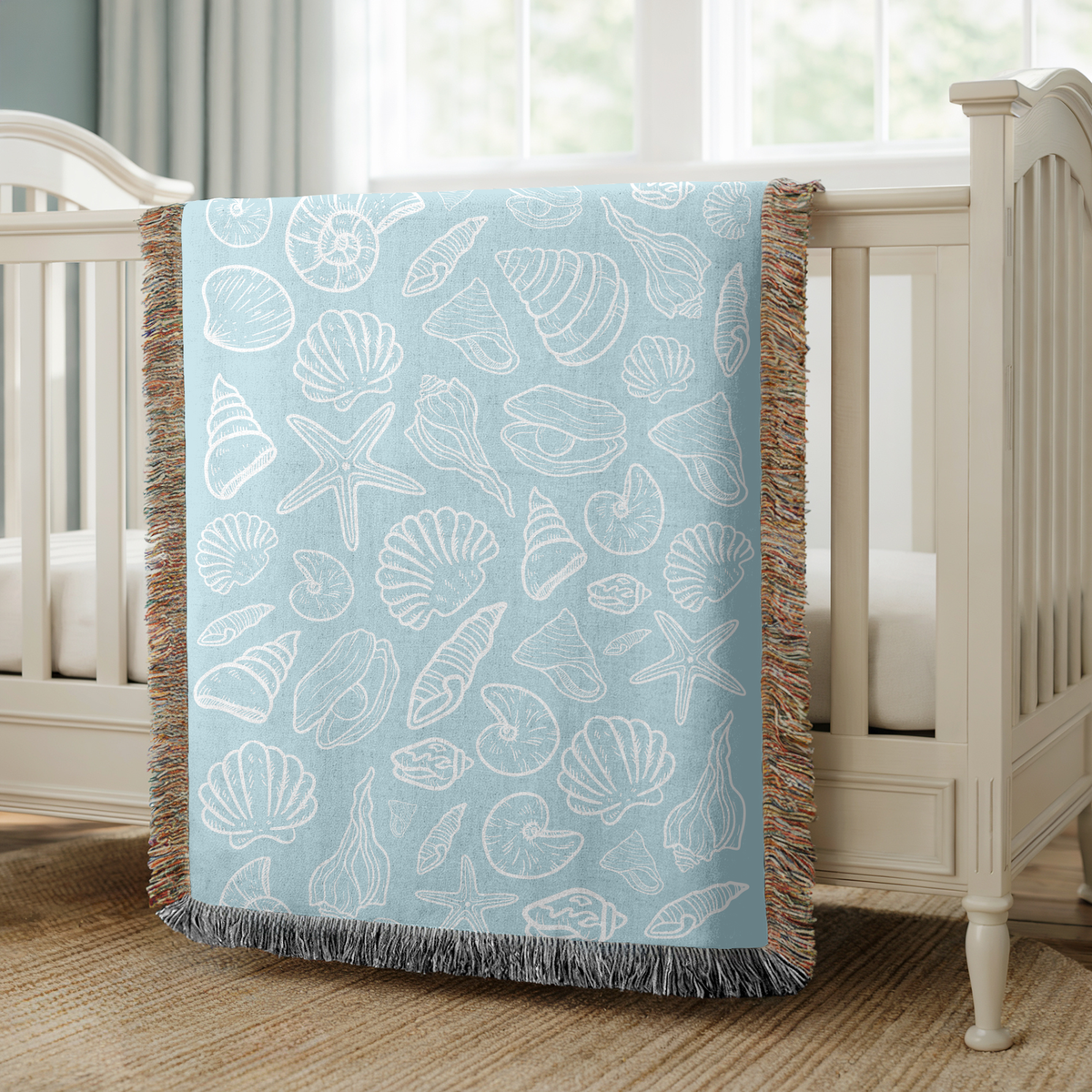 Coastal Seashell Woven Blanket, Beach House Throw Blanket, Ocean Inspired Home Decor, Nautical Bedroom Accent, Gift for Beach Lovers