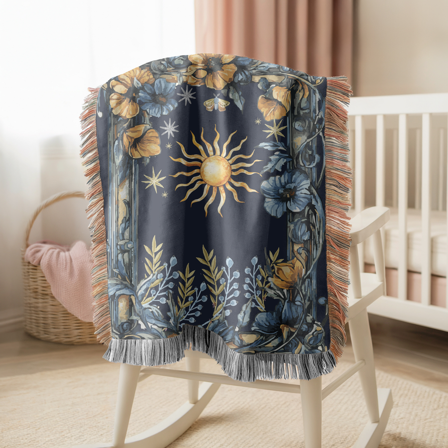 Celestial Sun and Moon Woven Blanket, Dark Academia Astrology Throw Blanket, Mystical Floral Home Decor, Witchy Gift for Her, Boho Cosmic Accent