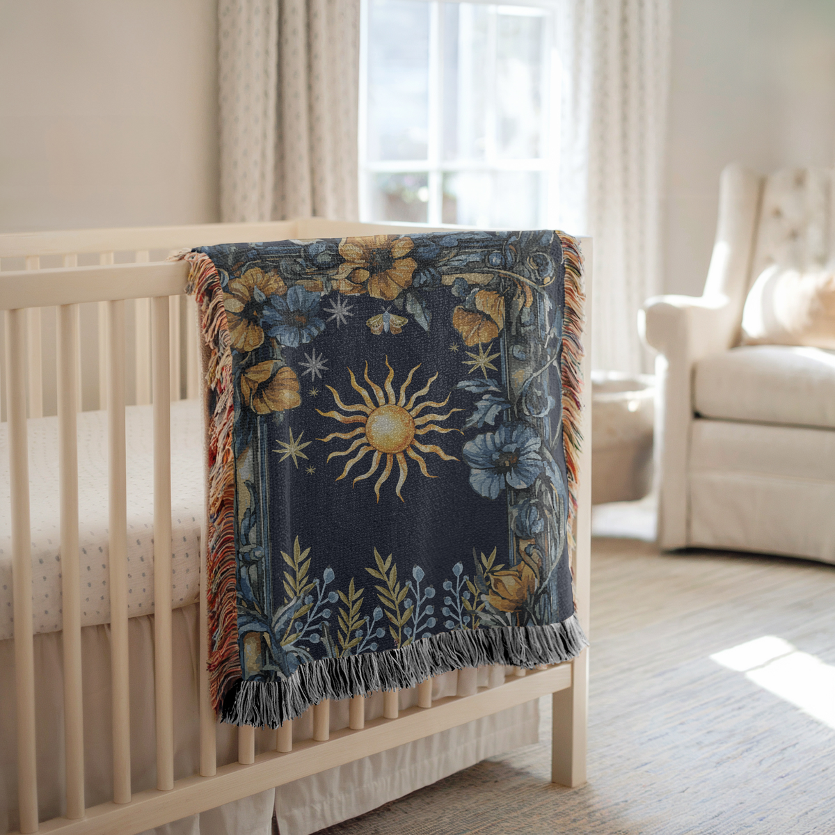 Celestial Sun and Moon Woven Blanket, Dark Academia Astrology Throw Blanket, Mystical Floral Home Decor, Witchy Gift for Her, Boho Cosmic Accent