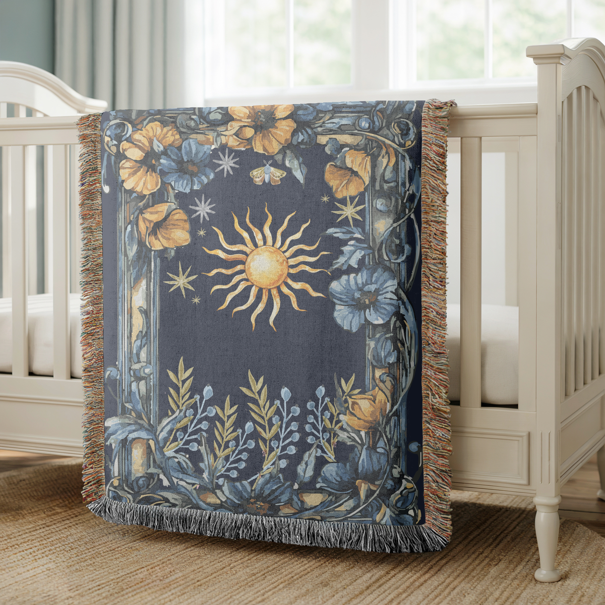 Celestial Sun and Moon Woven Blanket, Dark Academia Astrology Throw Blanket, Mystical Floral Home Decor, Witchy Gift for Her, Boho Cosmic Accent