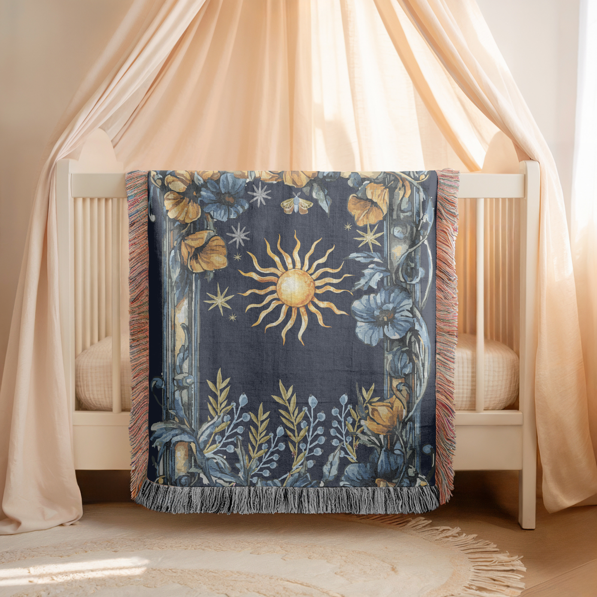 Celestial Sun and Moon Woven Blanket, Dark Academia Astrology Throw Blanket, Mystical Floral Home Decor, Witchy Gift for Her, Boho Cosmic Accent