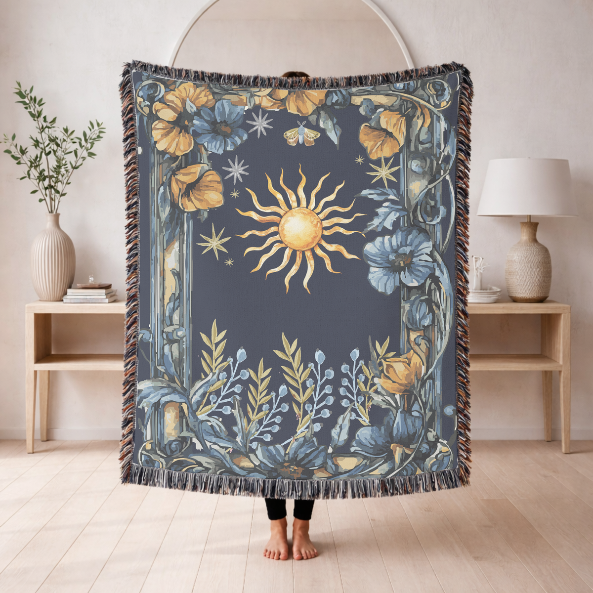 Celestial Sun and Moon Woven Blanket, Dark Academia Astrology Throw Blanket, Mystical Floral Home Decor, Witchy Gift for Her, Boho Cosmic Accent