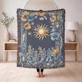 Celestial Sun and Moon Woven Blanket, Dark Academia Astrology Throw Blanket, Mystical Floral Home Decor, Witchy Gift for Her, Boho Cosmic Accent