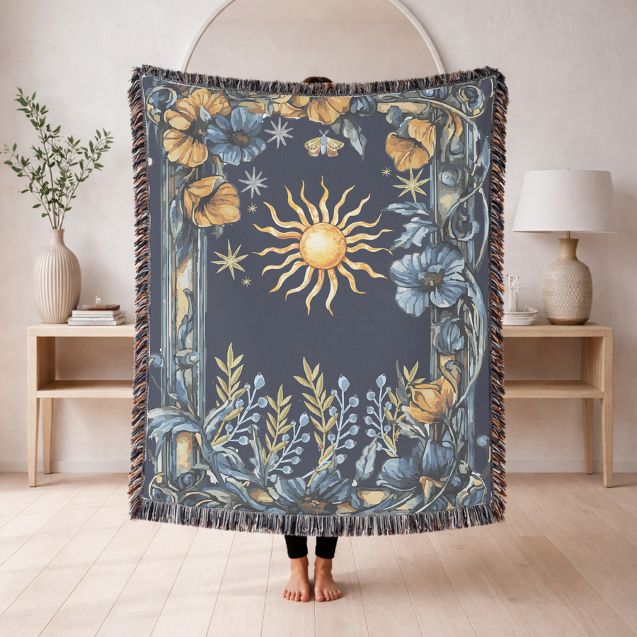 Celestial Sun and Moon Woven Blanket, Dark Academia Astrology Throw Blanket, Mystical Floral Home Decor, Witchy Gift for Her, Boho Cosmic Accent