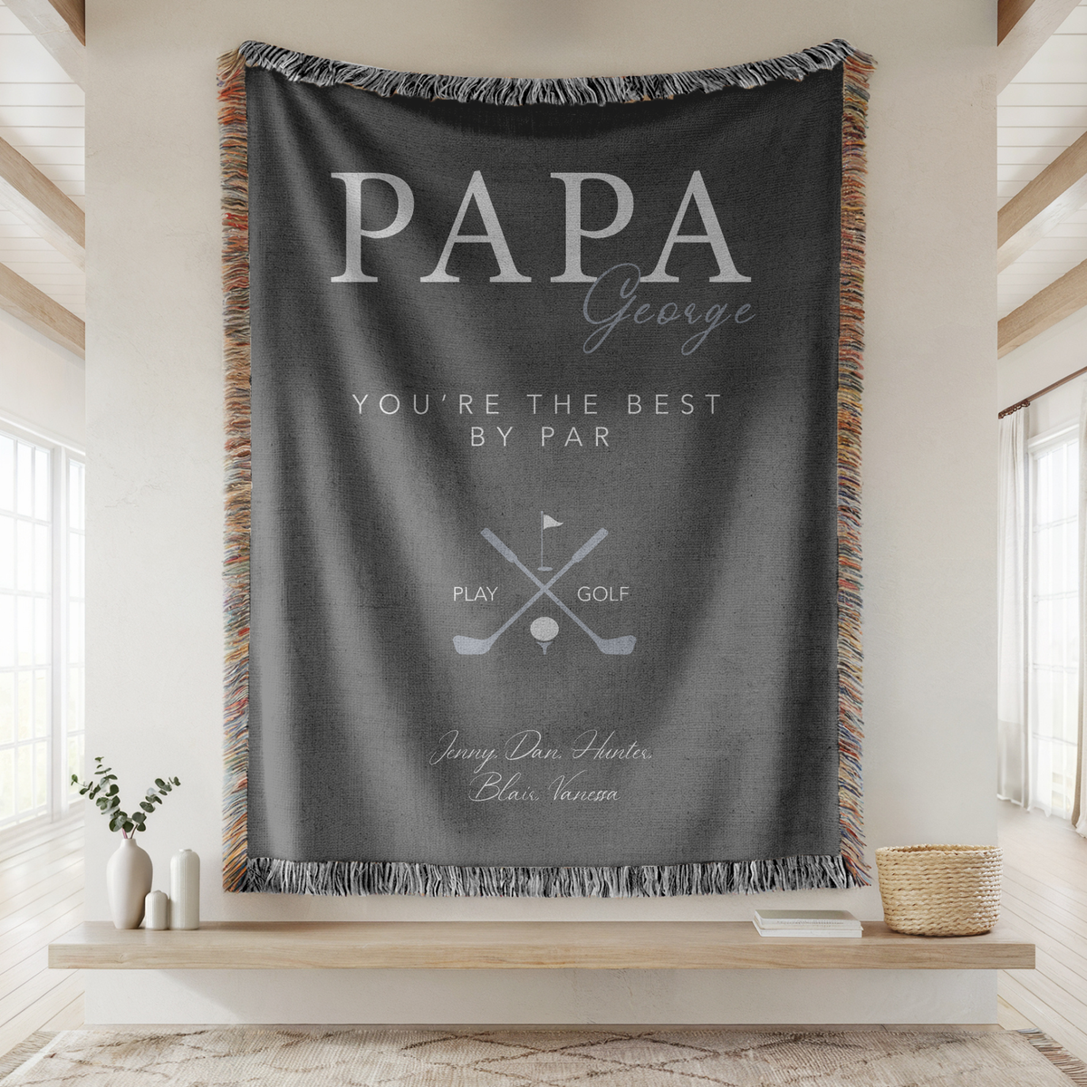 Personalized Golf Woven Blanket for Dad, Custom Papa Name Throw Blanket, Father’s Day Gift for Grandpa Golf Lover