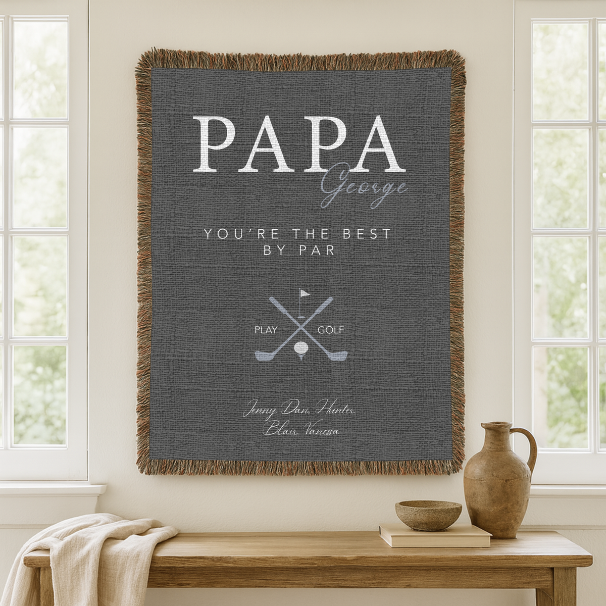 Personalized Golf Woven Blanket for Dad, Custom Papa Name Throw Blanket, Father’s Day Gift for Grandpa Golf Lover