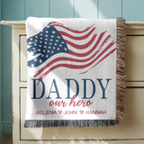 Personalized Patriotic Dad Woven Blanket, Custom Military Family Throw Blanket, Father's Day Gift for Dad, American Flag Keepsake from Kids