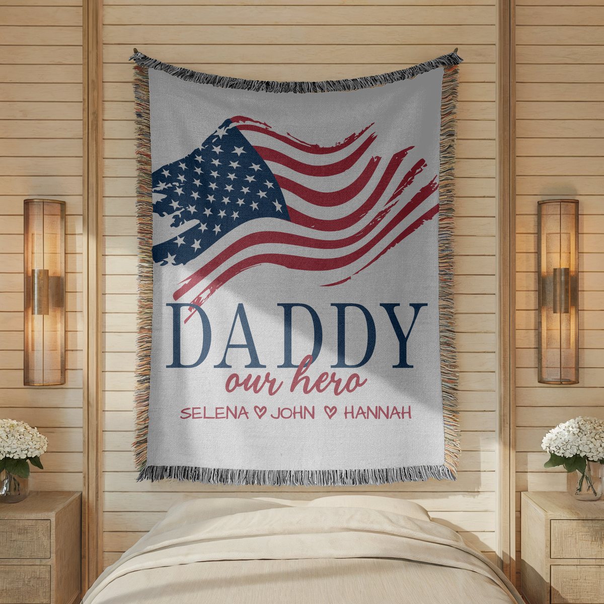 Personalized Patriotic Dad Woven Blanket, Custom Military Family Throw Blanket, Father's Day Gift for Dad, American Flag Keepsake from Kids