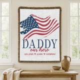Personalized Patriotic Dad Woven Blanket, Custom Military Family Throw Blanket, Father's Day Gift for Dad, American Flag Keepsake from Kids