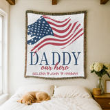 Personalized Patriotic Dad Woven Blanket, Custom Military Family Throw Blanket, Father's Day Gift for Dad, American Flag Keepsake from Kids