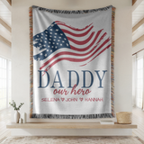 Personalized Patriotic Dad Woven Blanket, Custom Military Family Throw Blanket, Father's Day Gift for Dad, American Flag Keepsake from Kids
