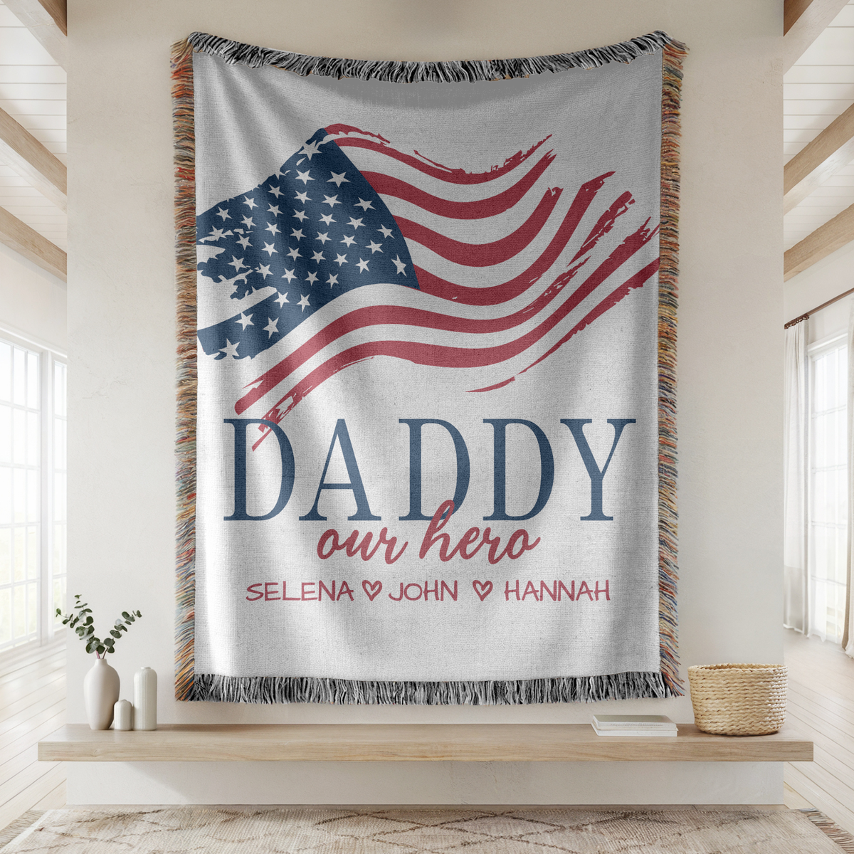 Personalized Patriotic Dad Woven Blanket, Custom Military Family Throw Blanket, Father's Day Gift for Dad, American Flag Keepsake from Kids