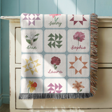 Personalized Birth Month Flower Woven Blanket, Custom Family Name Throw Blanket, Floral Quilt Inspired Home Decor, Meaningful Family Keepsake Gift