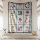 Personalized Birth Month Flower Woven Blanket, Custom Family Name Throw Blanket, Floral Quilt Inspired Home Decor, Meaningful Family Keepsake Gift