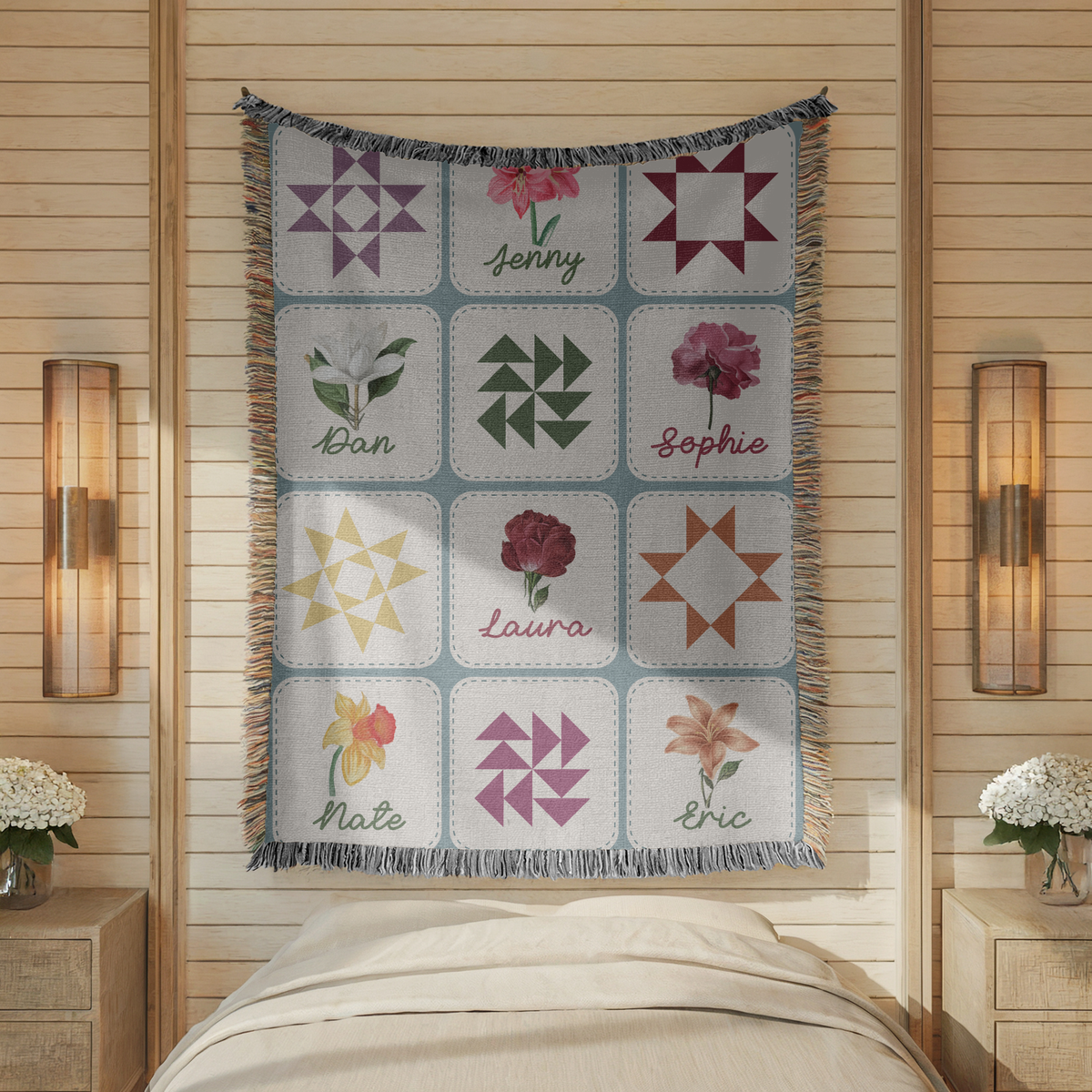 Personalized Birth Month Flower Woven Blanket, Custom Family Name Throw Blanket, Floral Quilt Inspired Home Decor, Meaningful Family Keepsake Gift
