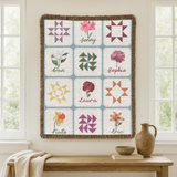 Personalized Birth Month Flower Woven Blanket, Custom Family Name Throw Blanket, Floral Quilt Inspired Home Decor, Meaningful Family Keepsake Gift