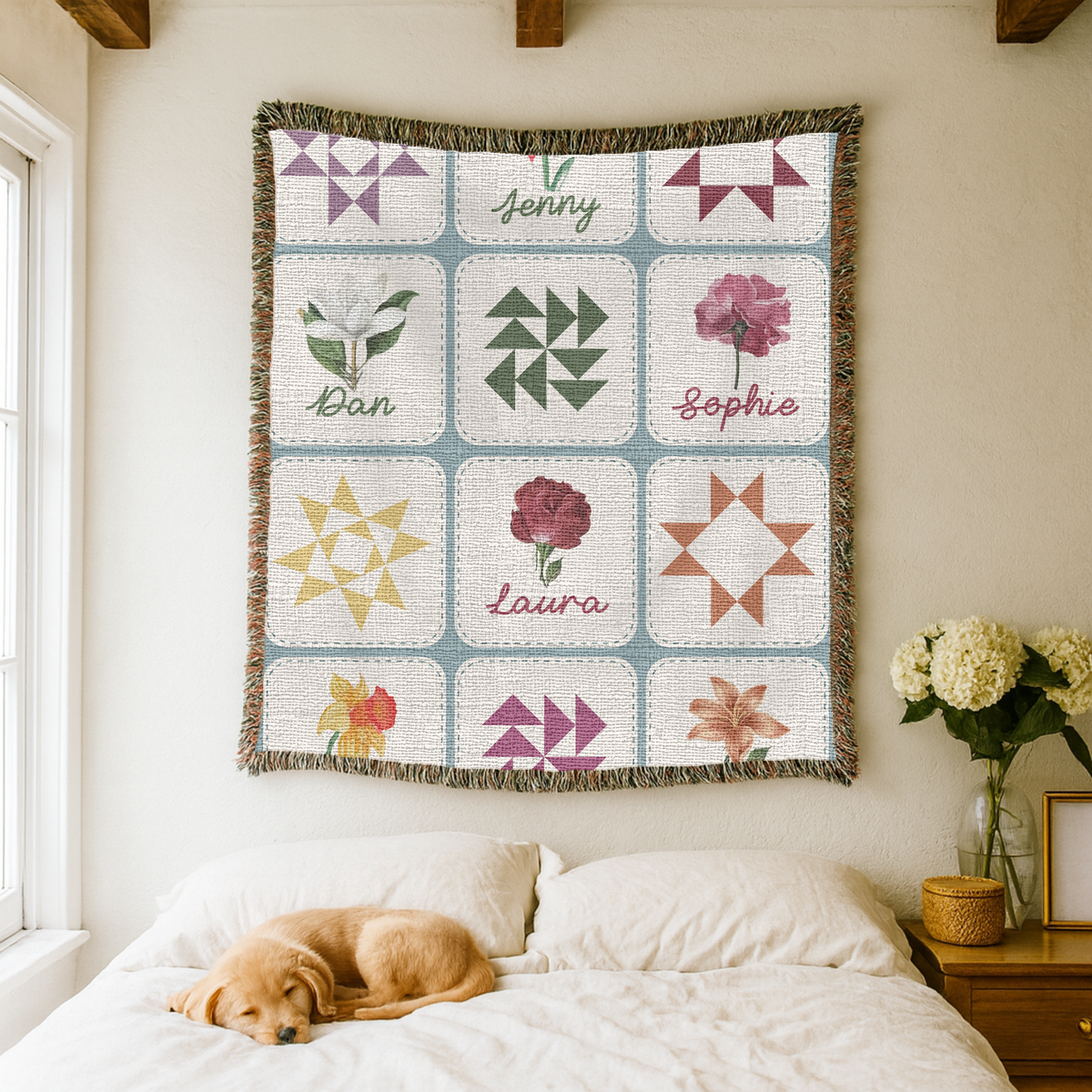 Personalized Birth Month Flower Woven Blanket, Custom Family Name Throw Blanket, Floral Quilt Inspired Home Decor, Meaningful Family Keepsake Gift