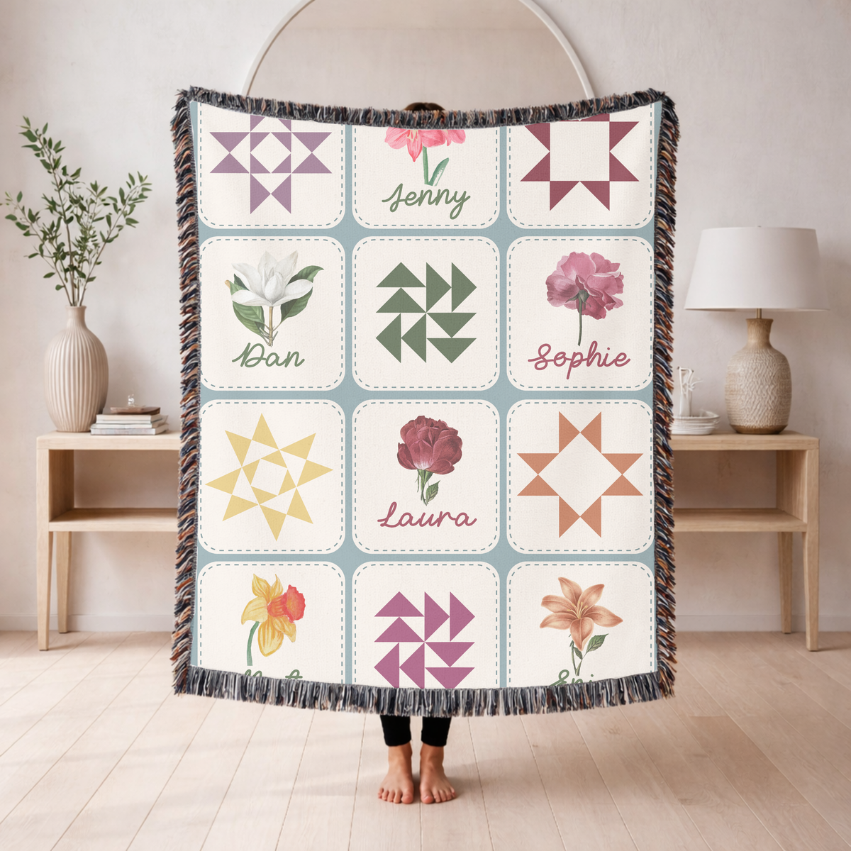 Personalized Birth Month Flower Woven Blanket, Custom Family Name Throw Blanket, Floral Quilt Inspired Home Decor, Meaningful Family Keepsake Gift