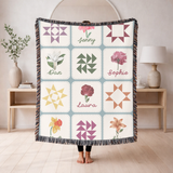 Personalized Birth Month Flower Woven Blanket, Custom Family Name Throw Blanket, Floral Quilt Inspired Home Decor, Meaningful Family Keepsake Gift