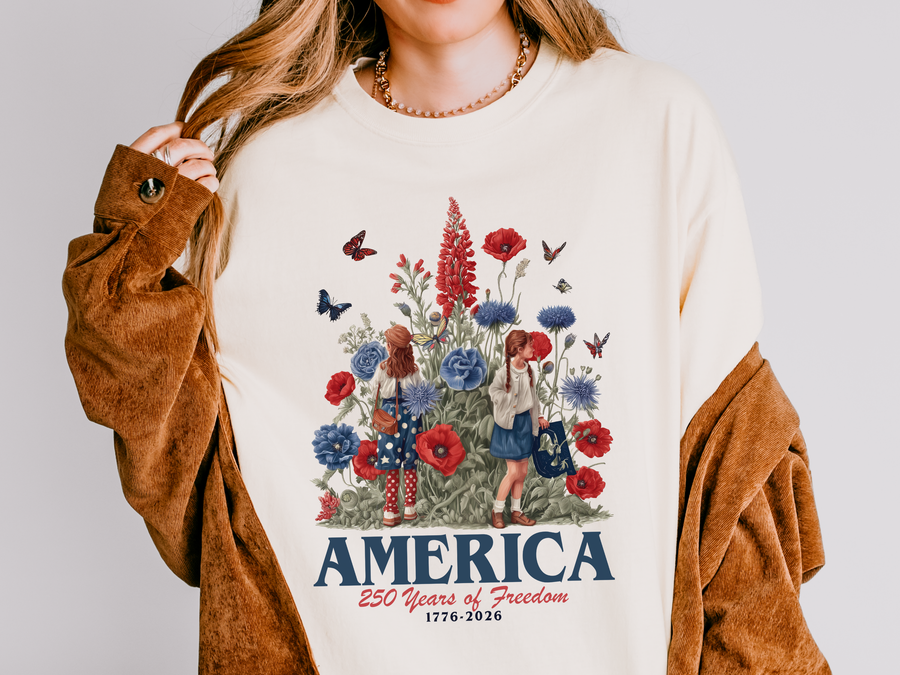 America 250 Comfort Shirt, Patriotic Floral USA Graphic Tee, Vintage Freedom Tshirt for Fourth of July and Americana Lovers